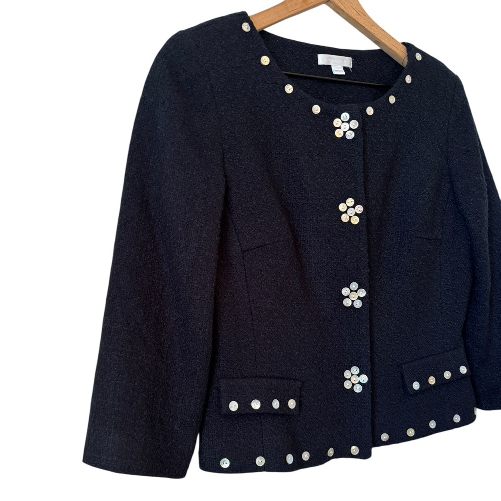 London Times Tweed Mother of Pearl Button Crop Jacket Blazer Sz 6 Black Business - Picture 2 of 13